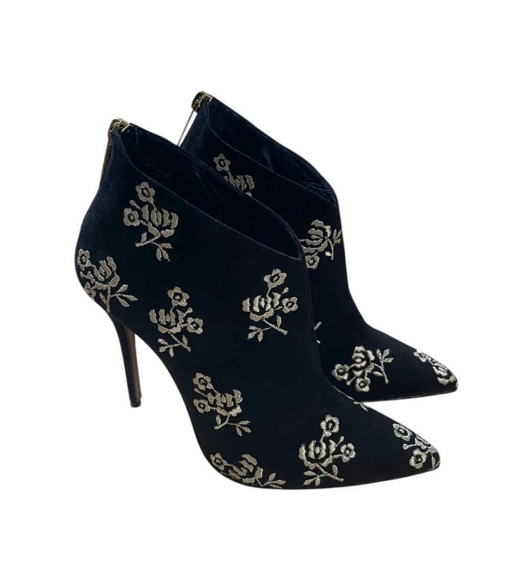 Oscar de la Renta Black Suede Flower Embroidery Ankle Boots Made In Italy 37.5